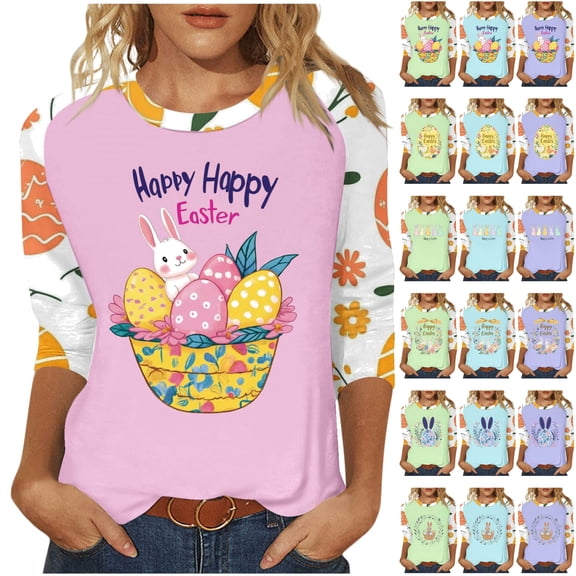 BiZtdJrK Easter Shirt for Women Loose Casual Bunny Rabbit Print Casual Round Neck Tee Shirts 2025 Spring 3/4 Sleeve T-Shirt Tops Hot Pink XXL Holiday Sales