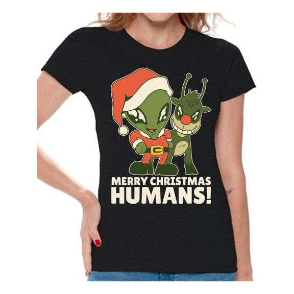 Merry Christmas Humans Women Shirt Xmas Gifts for Her Funny Women's Tee Happy Holidays Merry Xmas T-Shirt