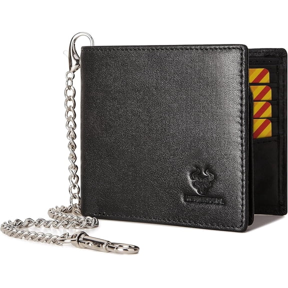 HUMERPAUL Men's Black Genuine Leather Bifold Wallet with Chain, RFID Blocking, 13 Card Slots and 2 ID Windows