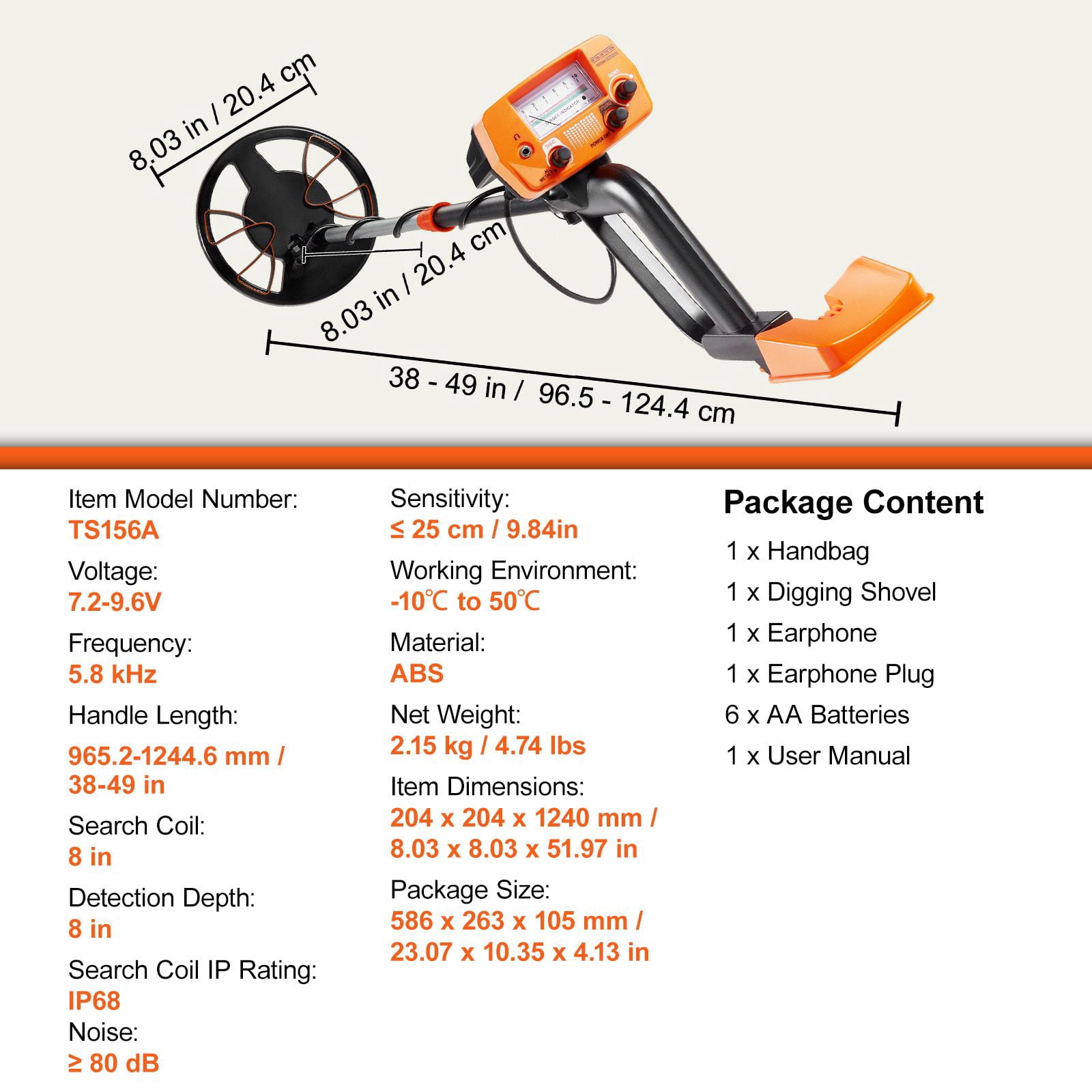 8-Inch Professional Metal Detector with LCD Display, 2 Detection Modes, IP68 Waterproof Coil, Adjustable 38-49" Handle, Headphone & Shovel Included