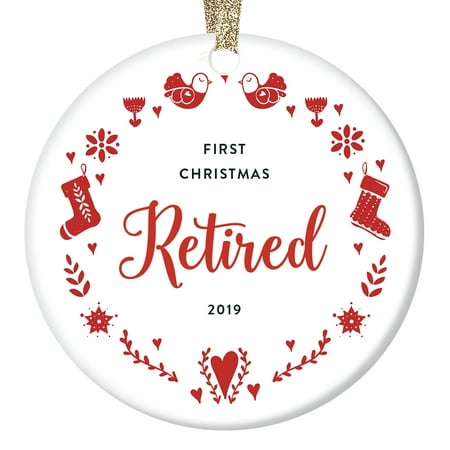 Gifts For Mom Christmas 2019 Retirement Christmas Ornament 2019 Dated Keepsake Gift First Year Retired Mom Wife Sister Woman Coworker Work Party Present Teacher Nurse Holiday Wreath 3” Ceramic Folk Art Home Decor OR0937 ()