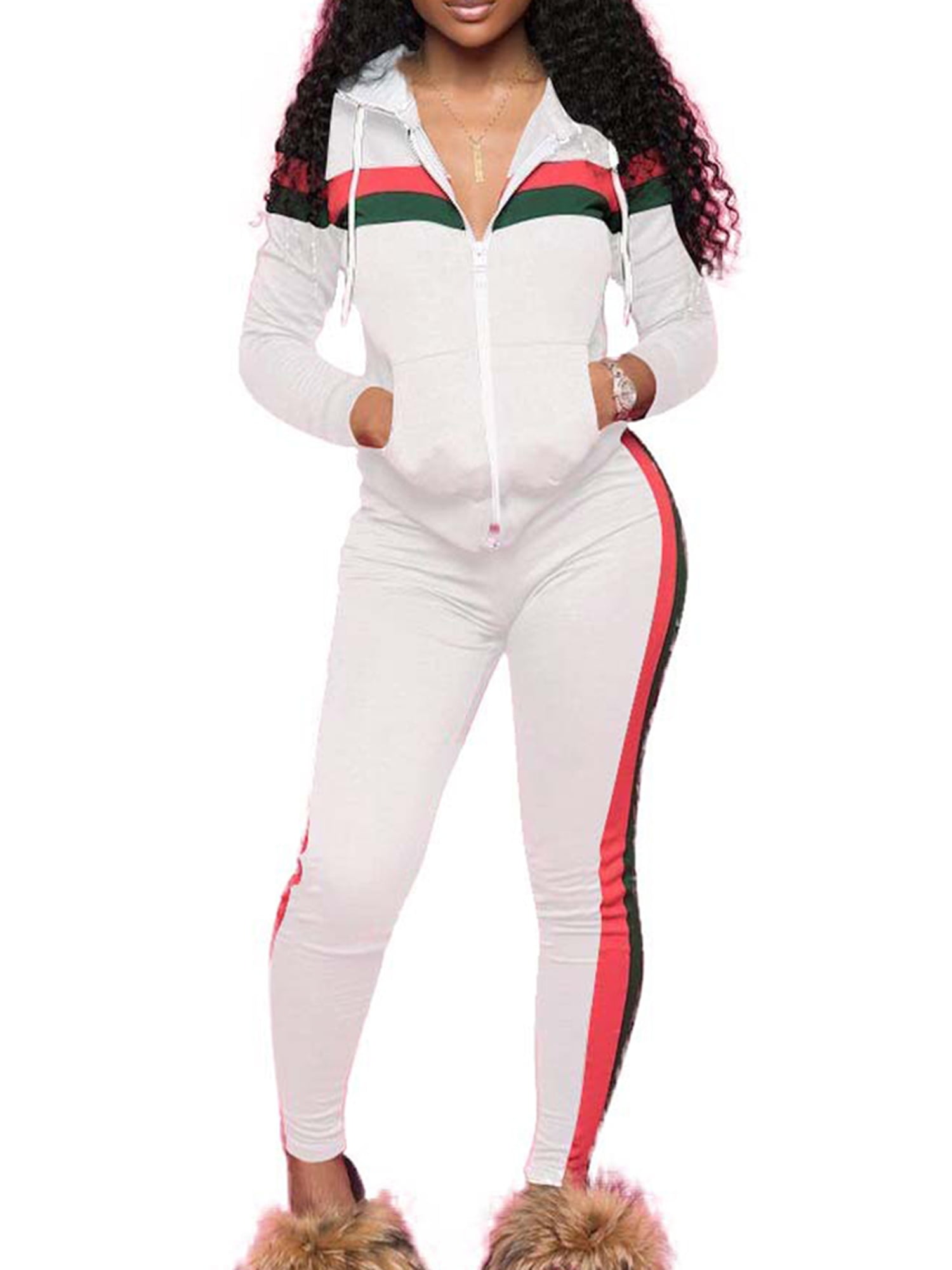 Womens 2 Piece Outfit Color Block Round Neck Long Sleeve Tracksuits High Waist Long Pants Set Jumpsuit Rompers 