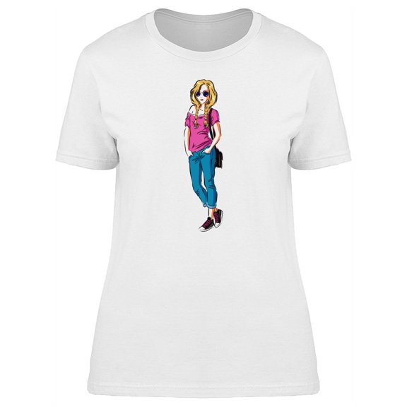 Cute Fashion Girl Cartoon T-Shirt Women -Image by Shutterstock, Female Small