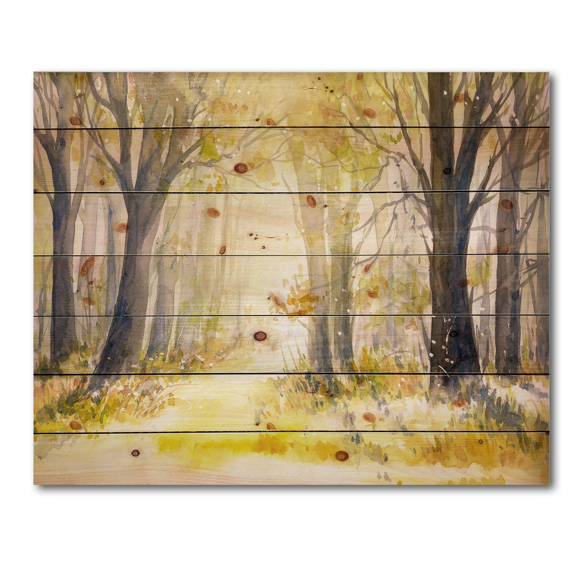 Designart 'Bright Sunshine Through The Yellow Forest Trees I' Traditional Print on Natural Pine Wood