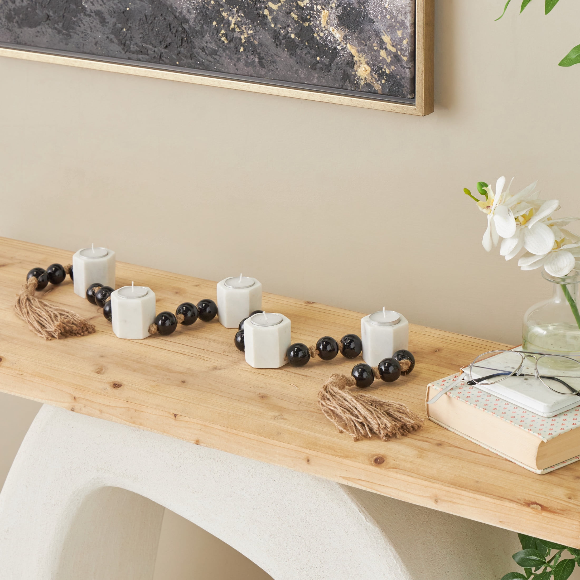DecMode 5 Candle White Marble Hexagon Garland Candle Holder with Brown Tassel and Black Beads