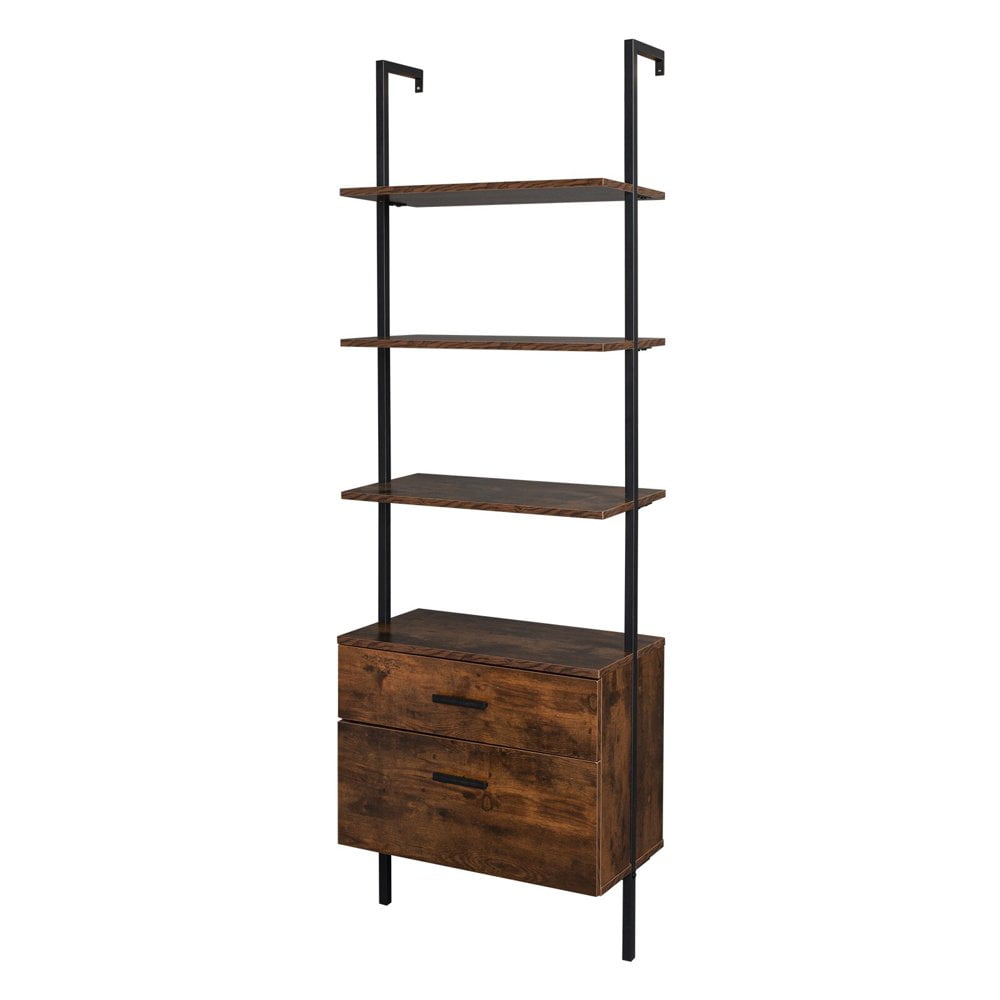 GZXS Industrial Wall Mounted Bookshelf with Wood Drawers, Ladder Shelf