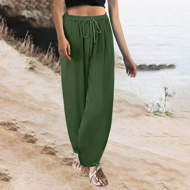 Sentmoon Summer Pants for Women Solid Color Drawstring Elastic Waist Wide Leg Jeans Plus Size Loose Fit Linen Button Woman Sweatpants with Pocket for Working Out and Gym