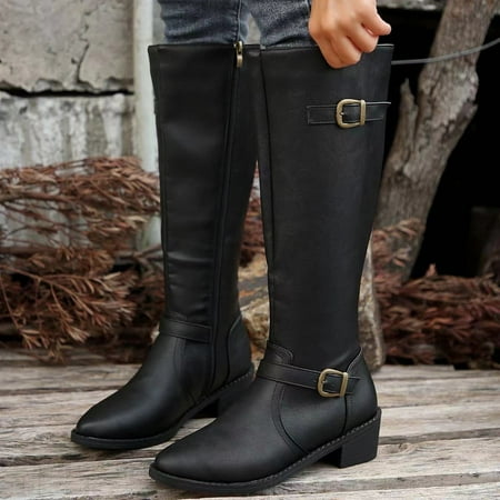 

WZJuhiie Ladies British Style Leather Belt Buckle Decorative Side Zipper Dashion Long Tube Knee Boots