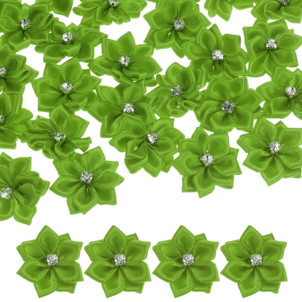 Uxcell 100-Pack Flores de Cinta de Satén, Flores de Tela Mini de 1.2 Pulgadas con Strass para Manualidades y Proyectos de Bricolaje Verde Manzana