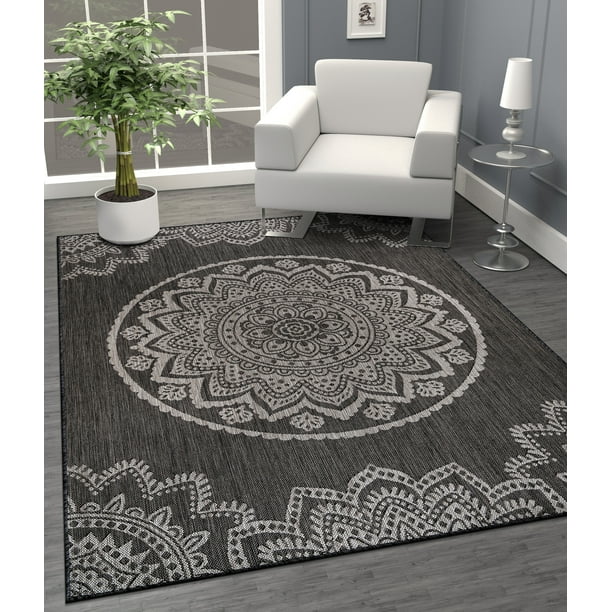 CAMILSON Indoor Outdoor Rug, 8' x 10' Dark Grey Medallion Area Rugs