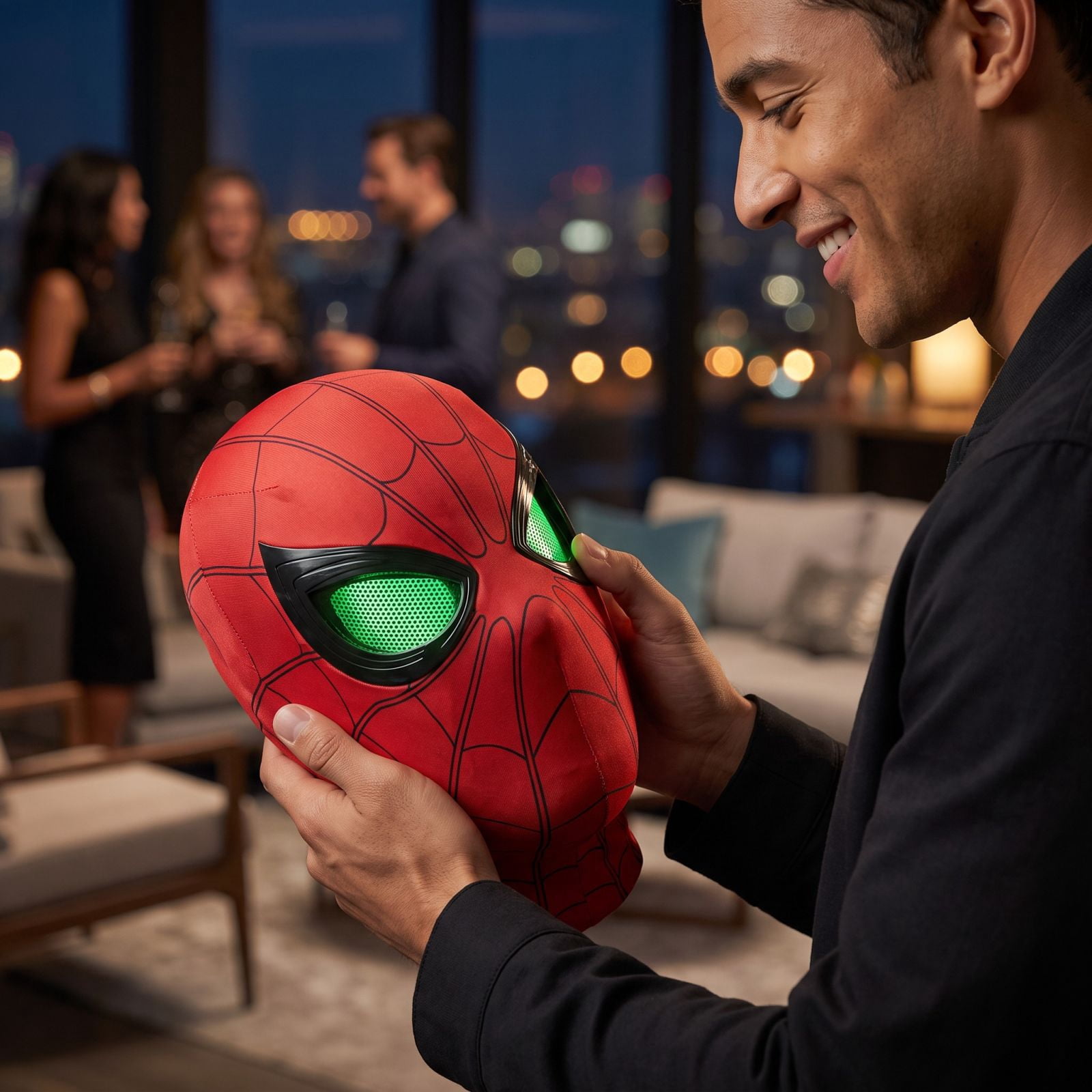 Red Fluorescent Blinking Mask, Glowing Superhero Headgear with Realistic Eye Movement for Fun Costume Play