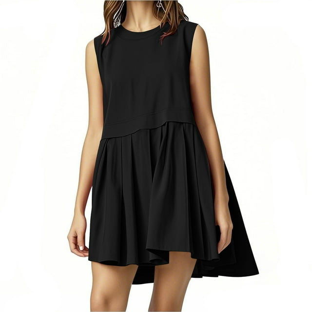 LOVZFMLL Robes d'Été pour Femmes Mignonnes Sans Manches/manches Courtes Col Rond à Volants Plissées Ligne A Fluides Mini Robes Amples Décontractées Tenues de Mode Noir A TG
