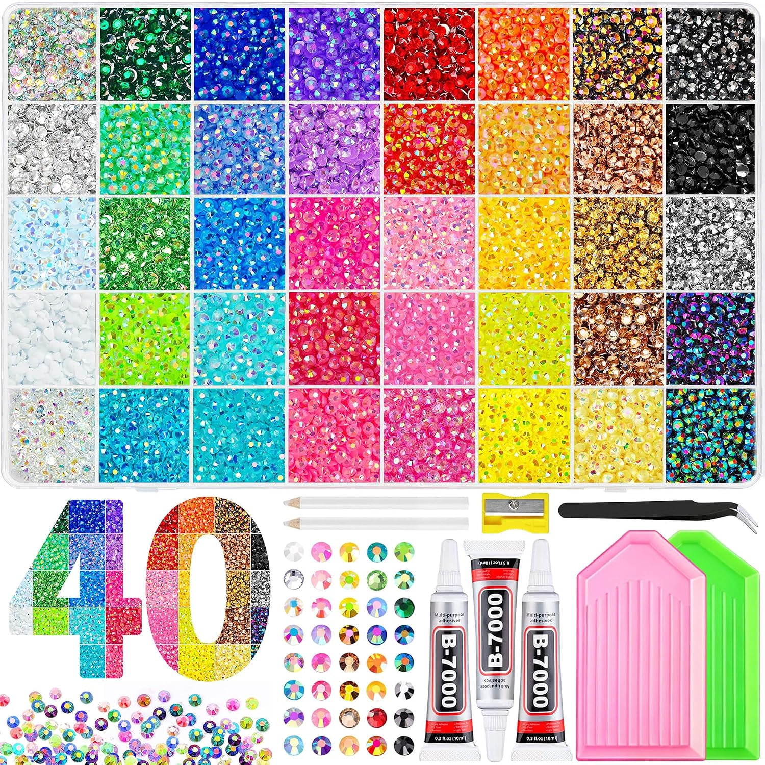 24000Pcs Bedazzling Kit, 24 Colors Bedazzler Kit with Rhinestones | Complete Bedazzle Kit with 3mm Vibrant Sparkling Flatback Gems, B7000 Jewelry Glue & Tools for Crafts, Nails, Teens & Adults