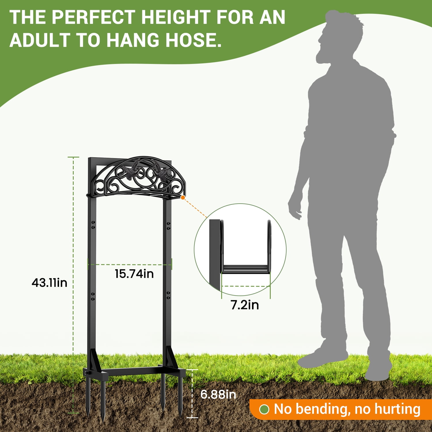 Garden Hose Holder Freestanding with 4 Spikes, Heavy Duty Metal Hose Hanger, Detachable Outdoor Hose Reel Rack Organizer