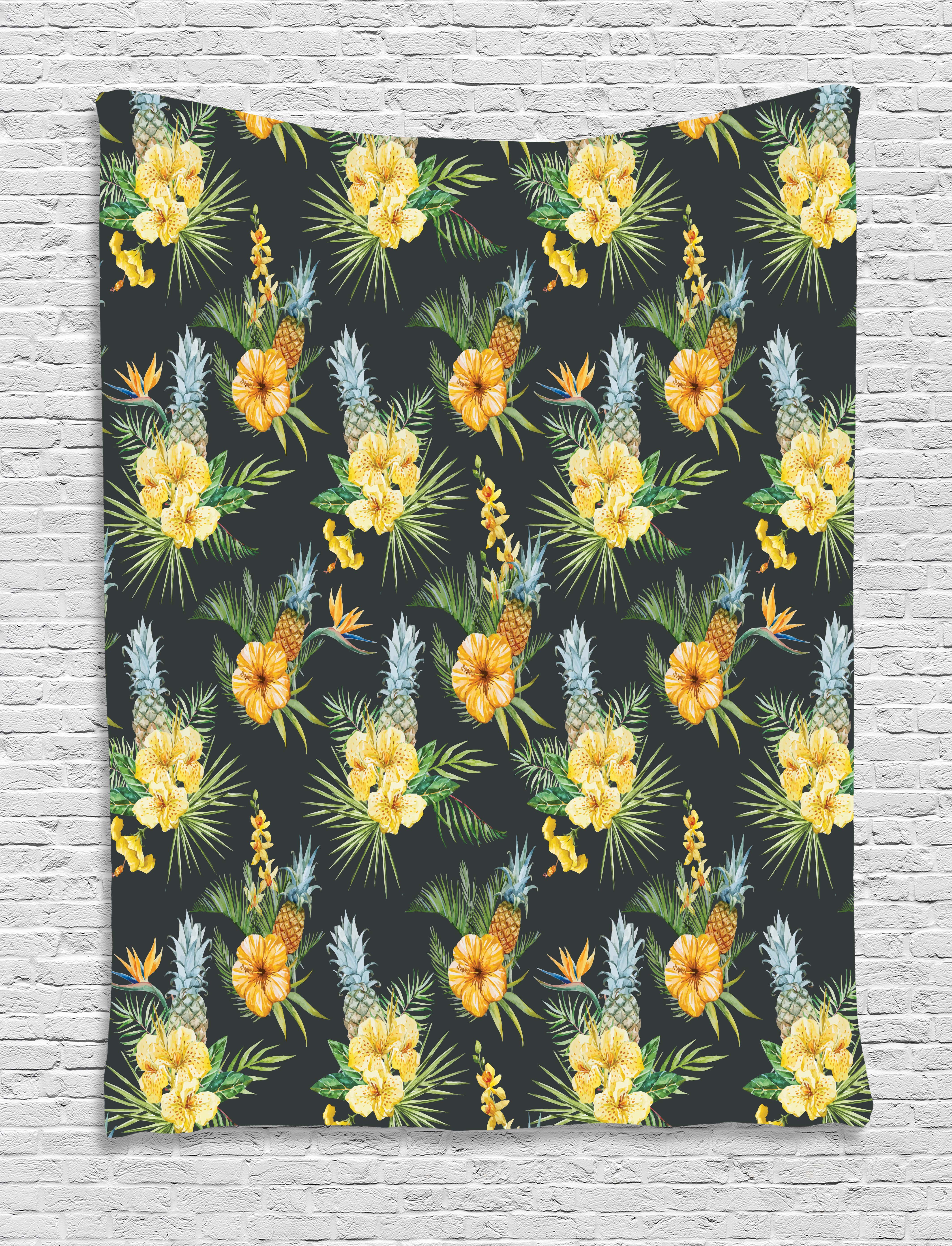 Hawaii Tapestry, Tropical Flowers Blooming Frangipani Plumeria Botanical Bouquet Pineapple Fruit