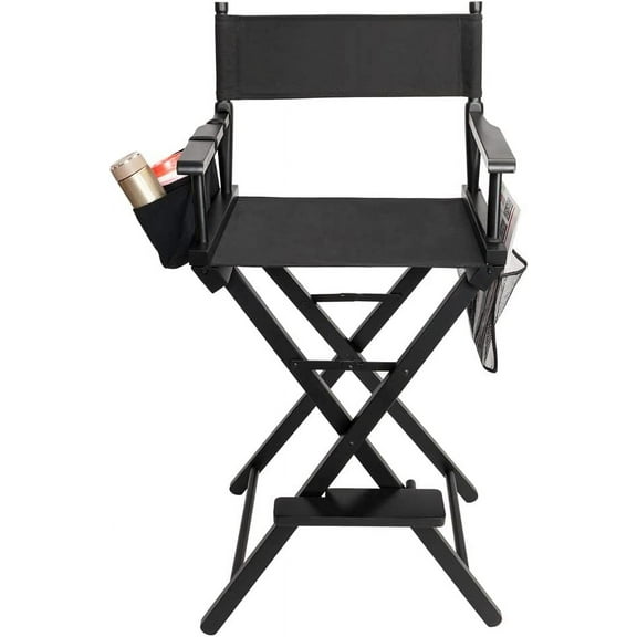 OmySalon 26" H Tall Directors Chair, Wooden Folding Portable for Makeup Artists, Craft Shows & Outdoor Seating, w/Side Storage Bags, Footrest, Support 250 lbs, Solid Hardwood & Black Canvas