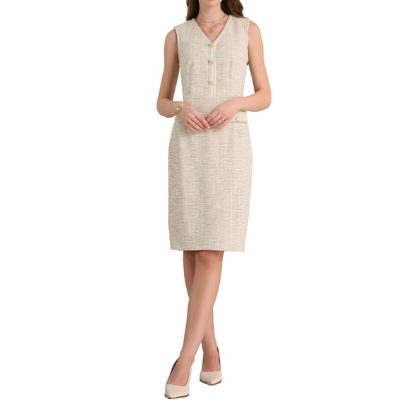 INSPIRE CHIC Women's Sleeveless Tweed Dress 2025 Summer Office Work V Neck Bodycon Pencil Dresses S Beige