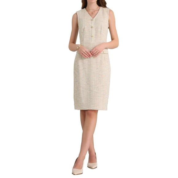INSPIRE CHIC Women's Sleeveless Tweed Dress 2025 Summer Office Work V Neck Bodycon Pencil Dresses M Beige