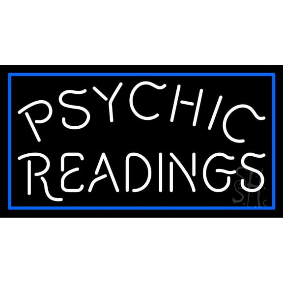 White Psychic Readings With Blue Border LED Neon Sign 20" Tall x 37" Wide - inches Black Square Cut Acrylic Backing, with Dimmer - Bright and Premium built indoor LED Neon Sign for Storefront.