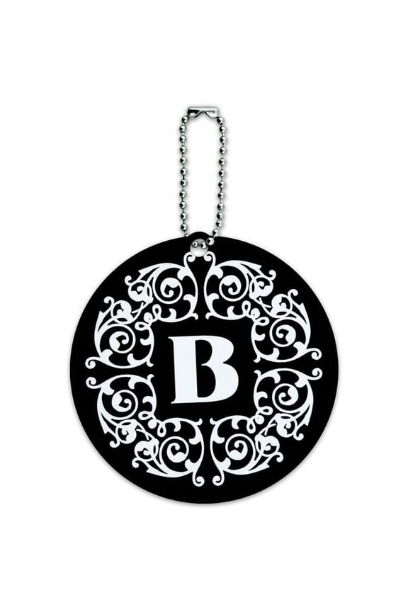 Letter B Initial Black White Scrolls Round Luggage ID Tag Card for Suitcase or Carry-On