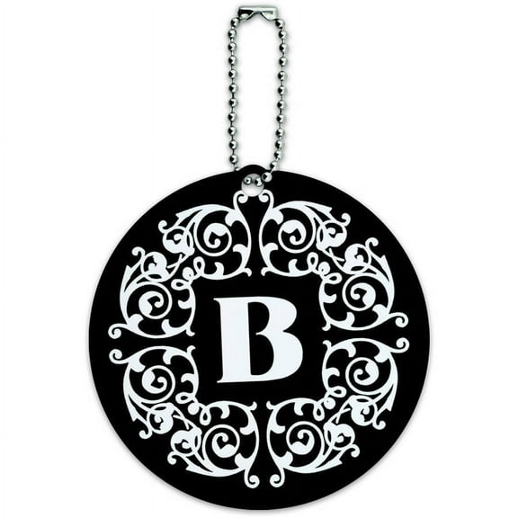 Letter B Initial Black White Scrolls Round Luggage ID Tag Card for Suitcase or Carry-On
