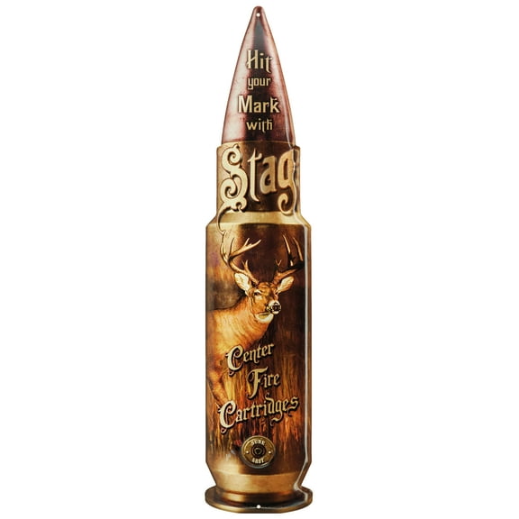 Hit Your Mark with Stag Center Fire Cartridges Design Die Cut Tin Sign - Rustic Wall Decor Signs 5" X 24"