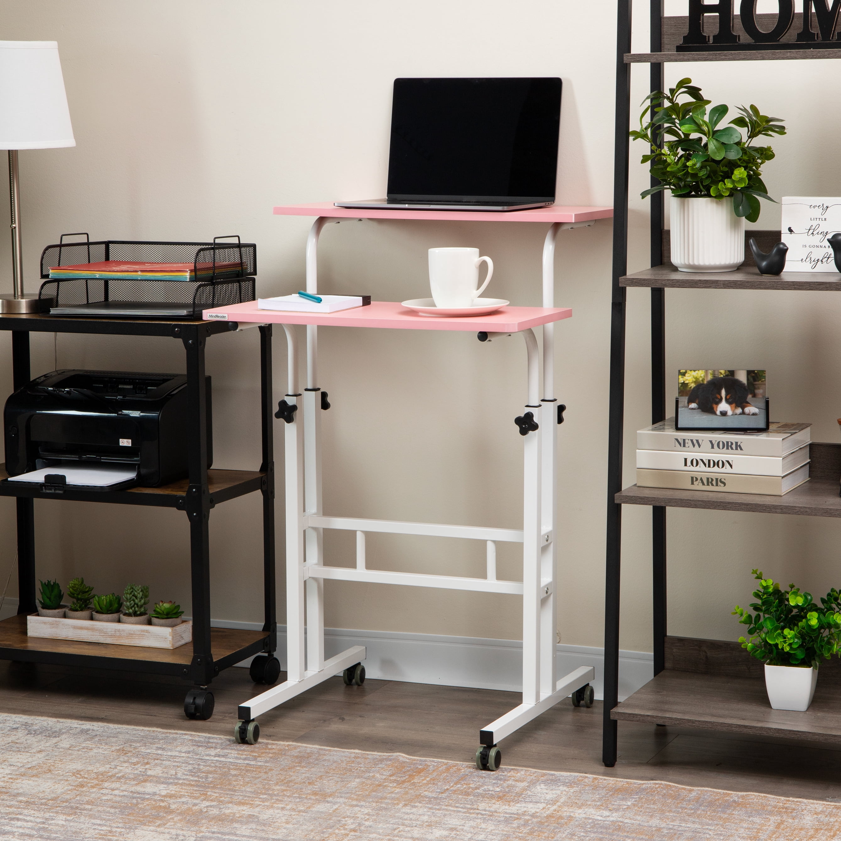 Mind Reader Standing Desk with Side Storage and Locking Wheels, Pink Finish