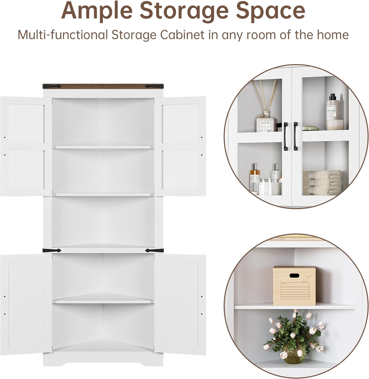 COZONY 67" Farmhouse Tall Corner Cabinet w/ Barn Doors, 5 Tier Bookcase Storage Cabinet with Adjustable Shelves, Freestanding Cabinet Organizer for Bathroom,Living Room,Kitchen,White