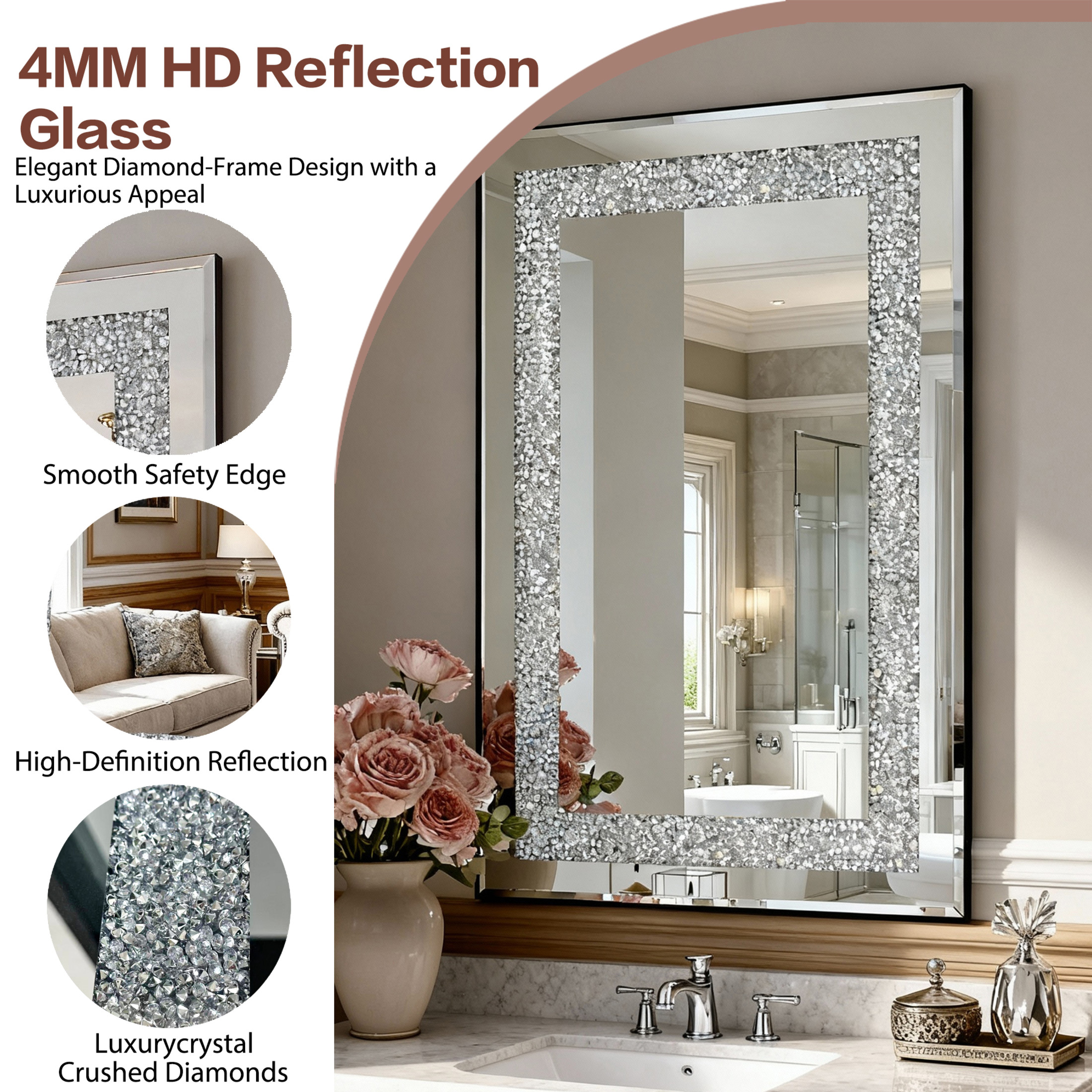 Noble House Crystal Crush Diamond Silver Wall Mirror,Modern Rectangular Mirror with Beveled Edge,Silver