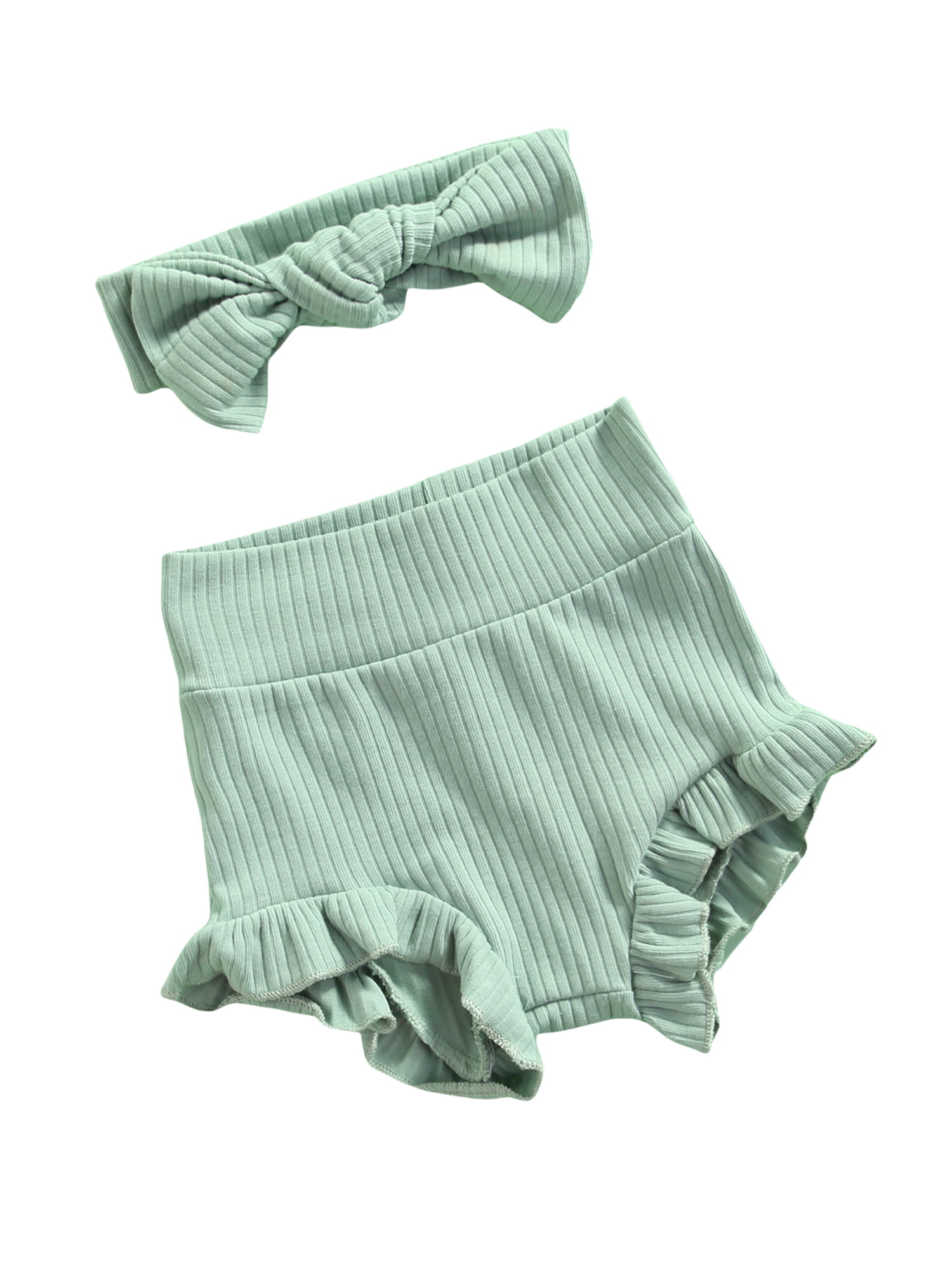 Infant Bloomers Baby Girls Diaper Cover High Waist Elastic Ruffle Shorts Solid Color Underwear Newborn Headbands Set 