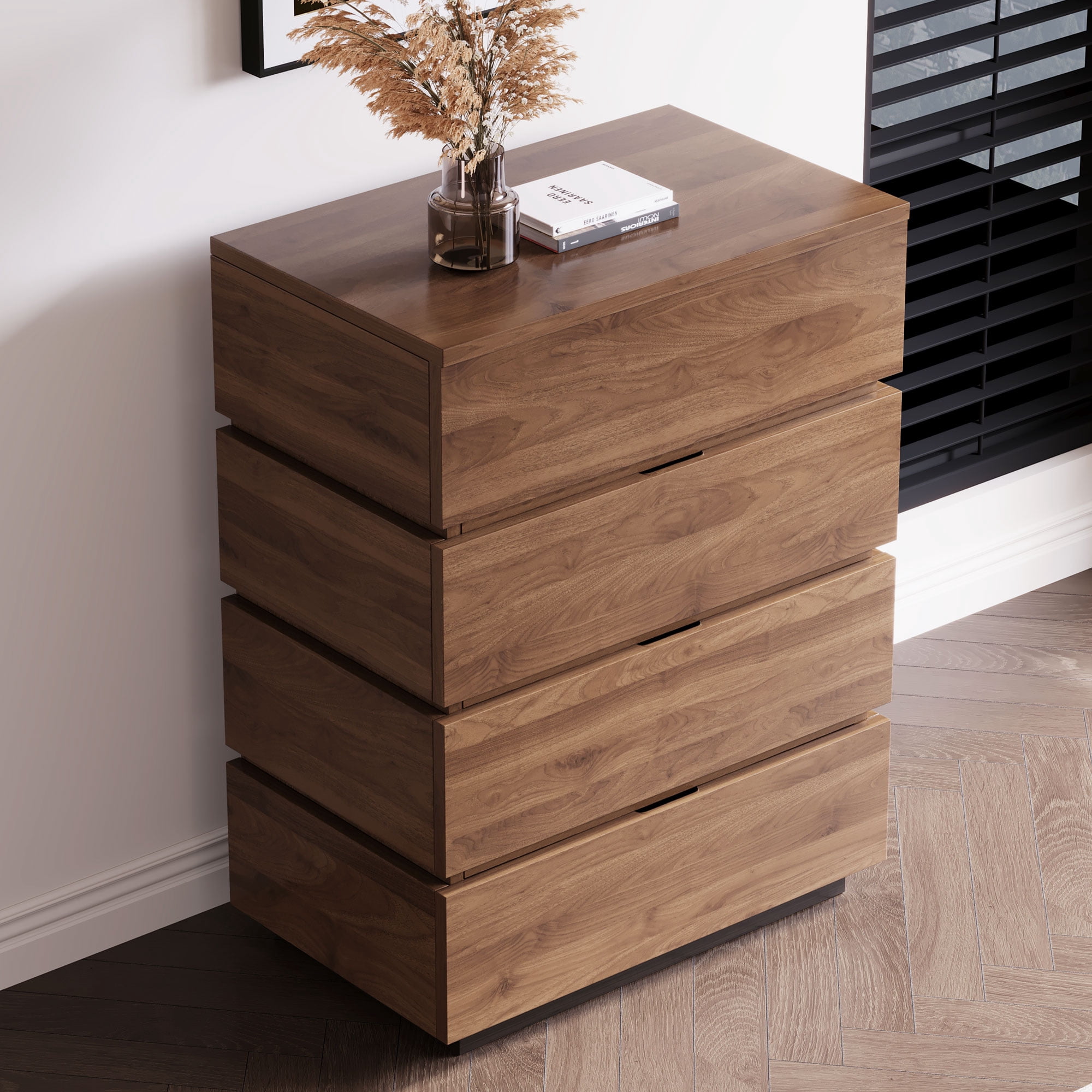 NessCarsti Modern Storage Cabinet with 4 Drawers and Shelves, Walnut Brown, 21.65"
