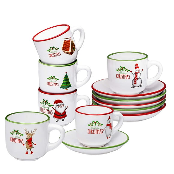 Christmas Theme Espresso Cups with Saucers - 4 ounce Demitasse Cups - Set of 6 Kids Christmas Mugs