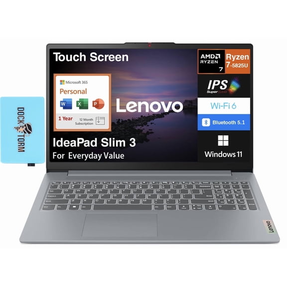 Lenovo IdeaPad Slim 3 Everyday Value Laptop 15.6in FHD (AMD Ryzen 7 5825U, 16GB LPDDR4, 1TB PCIe SSD, AMD Radeon, Win 11 Pro) w/Microsoft 365 Personal , DKZ USB Port Expander