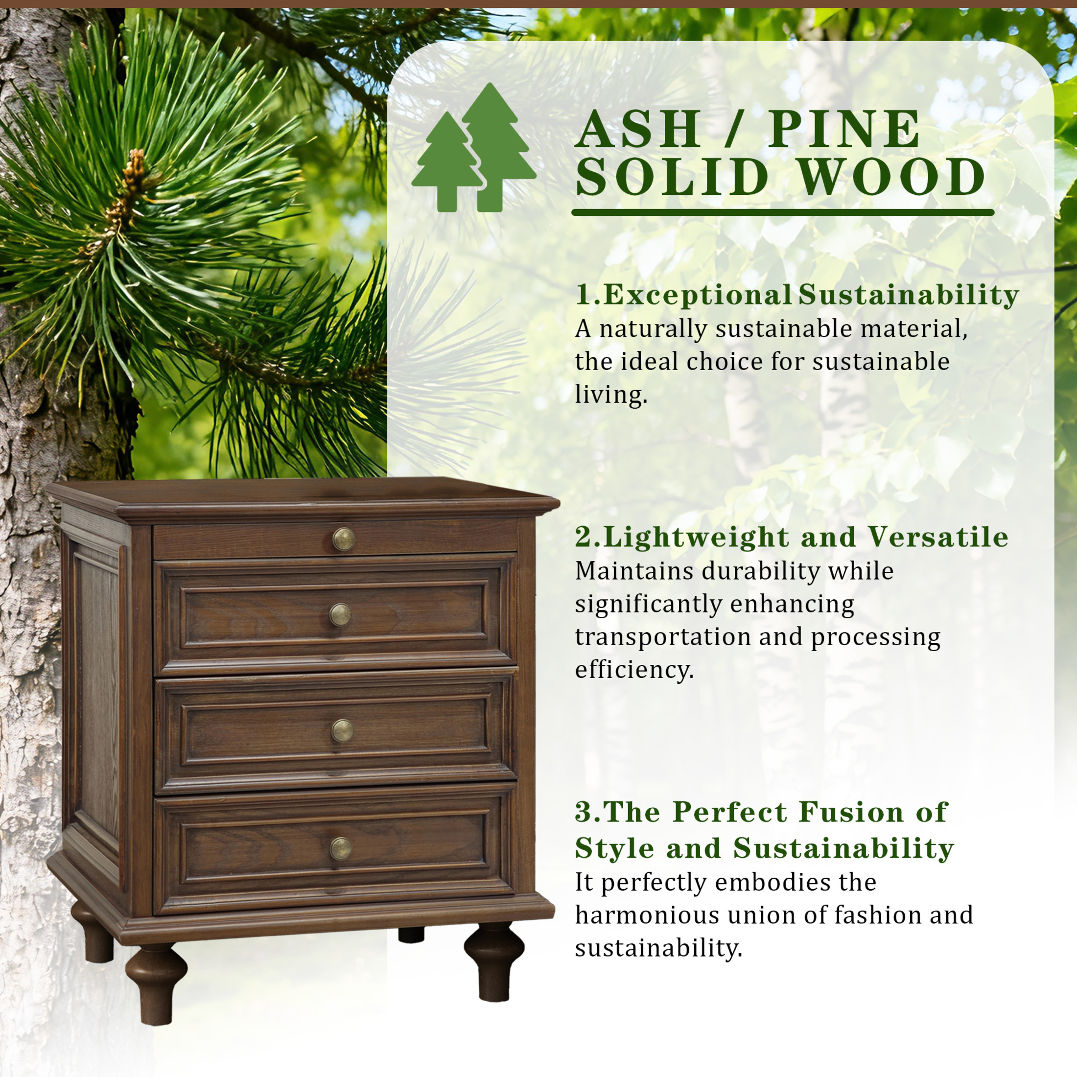 GDF Studio Farmhouse Nightstand with 3 Drawers & Pull-Out Tray, Solid Wood Legs, Walnut Brown