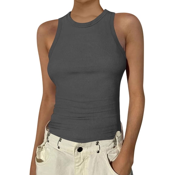 Womens Summer Sleeveless Tank Top Casual Ribbed Racerback Basic Fitted Thick Strap Shirts Tops #01Dark Gray M