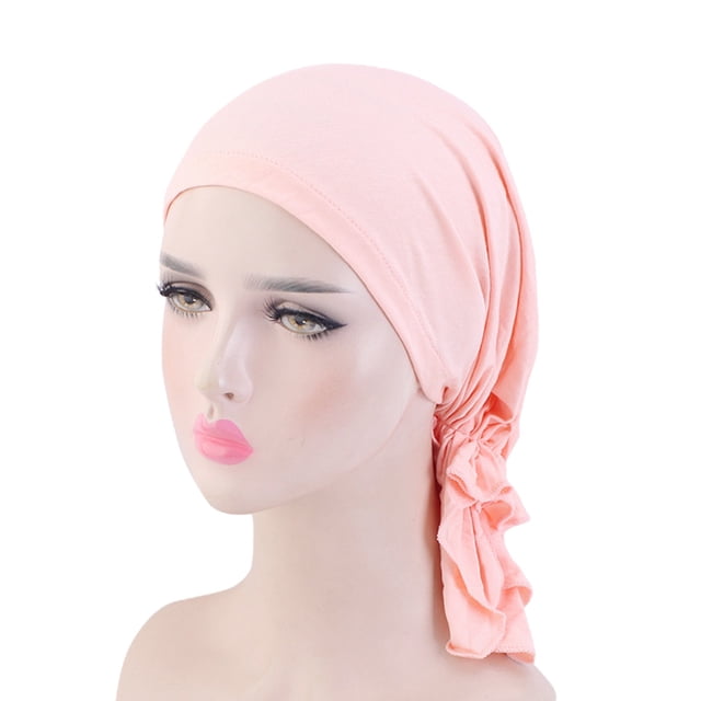 Fashion Women Reversible Adjustable Beading Braid Hat Muslim Ruffle Cancer Wrap Cap Sleep Caps Satin Lined Hair Bonnets