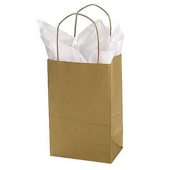 SSWBasics Small Metallic Gold Paper Shopping Bags - 5 ¼”L x 3 ½”D x 8 ½”H - Case of 100