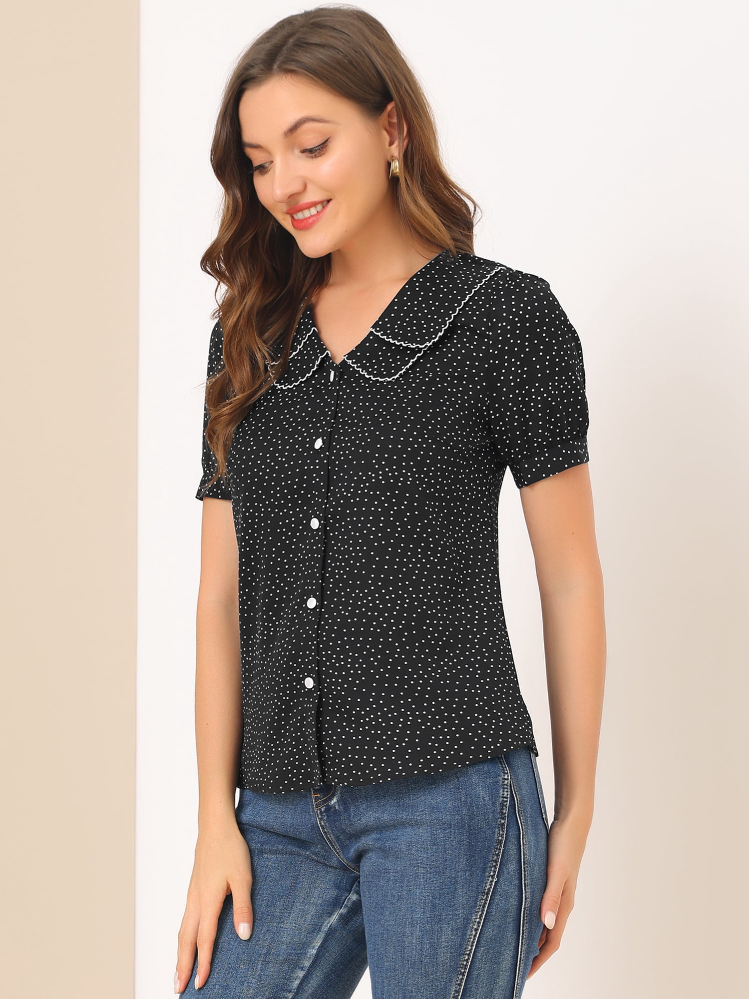 DARING DIVA Women's Polka Dots Peter Pan Collar Puff Sleeve Shirt XL Black
