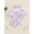 thumbnail image 5 of BemeyourBBs Newborn Baby Girls Summer Clothes Smocked Bubble Rompers Floral Print Ruched Puff Sleeve Bodysuits Playsuit Infant Baby Girl Jumpsuits with Headband, 5 of 9