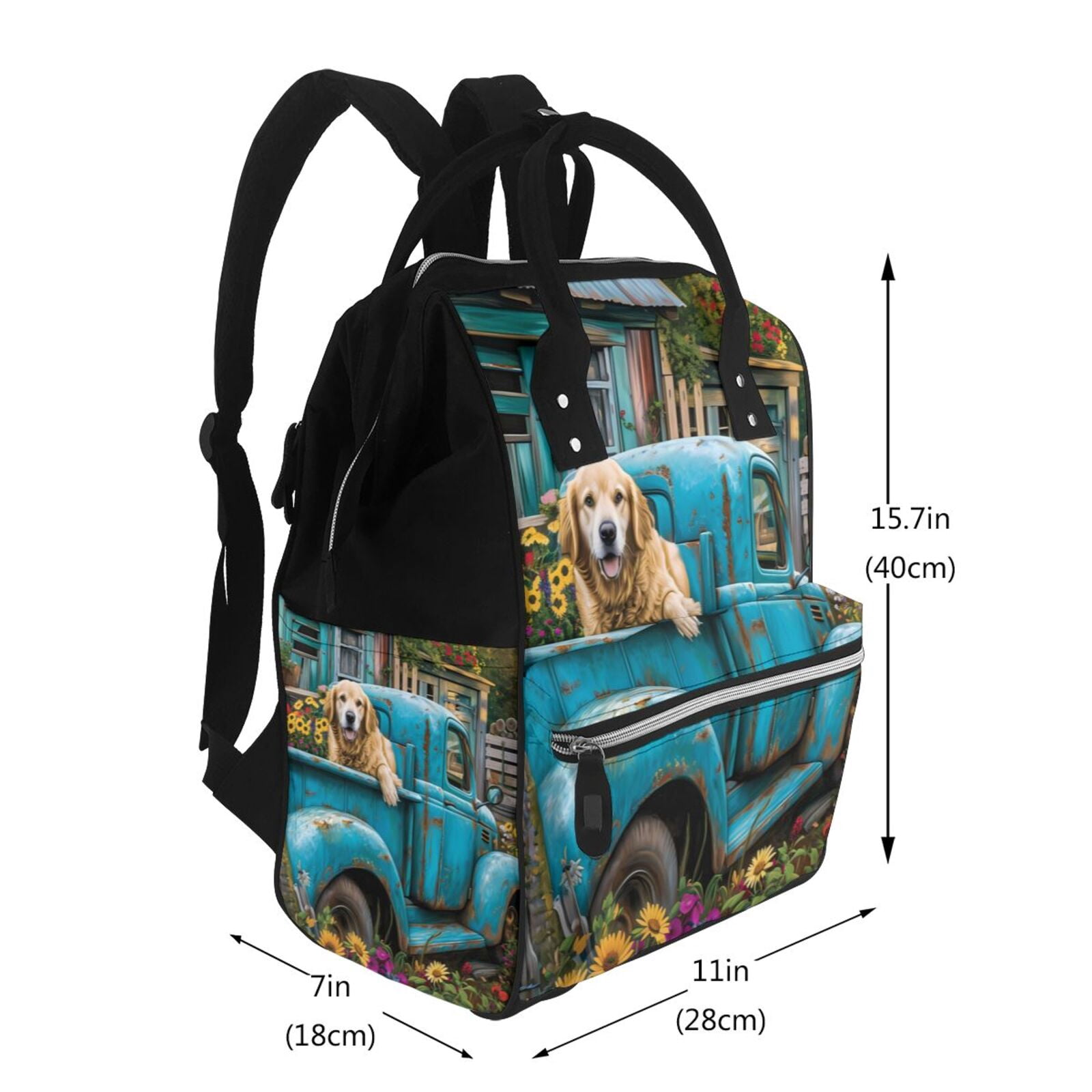 Fuzoiu Vintage Pickup Sunflower Dog Print Diaper Bag Backpack,Baby Essentials Travel Tote,Multi function Waterproof Diaper Bag, Travel Essentials Baby Bag - Unisex