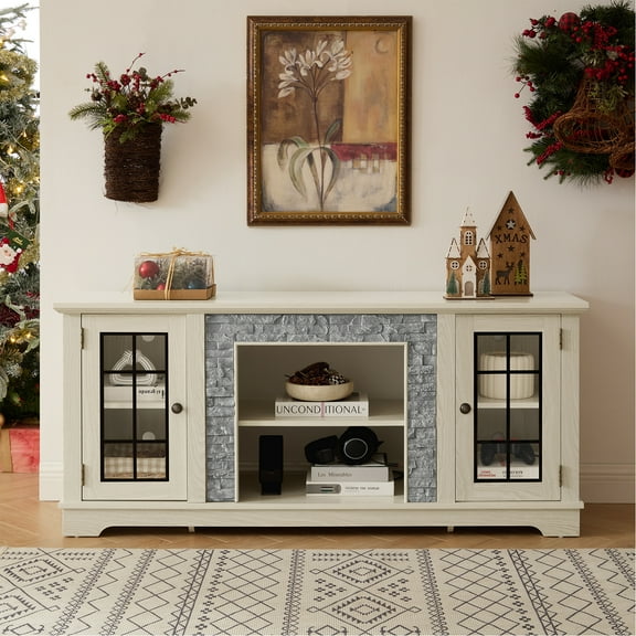 CozyNook 58" Modern TV Stand with 2-Door Storage, Faux Stone Media Console Cabinet, White Large Entertainment Center for Living Room