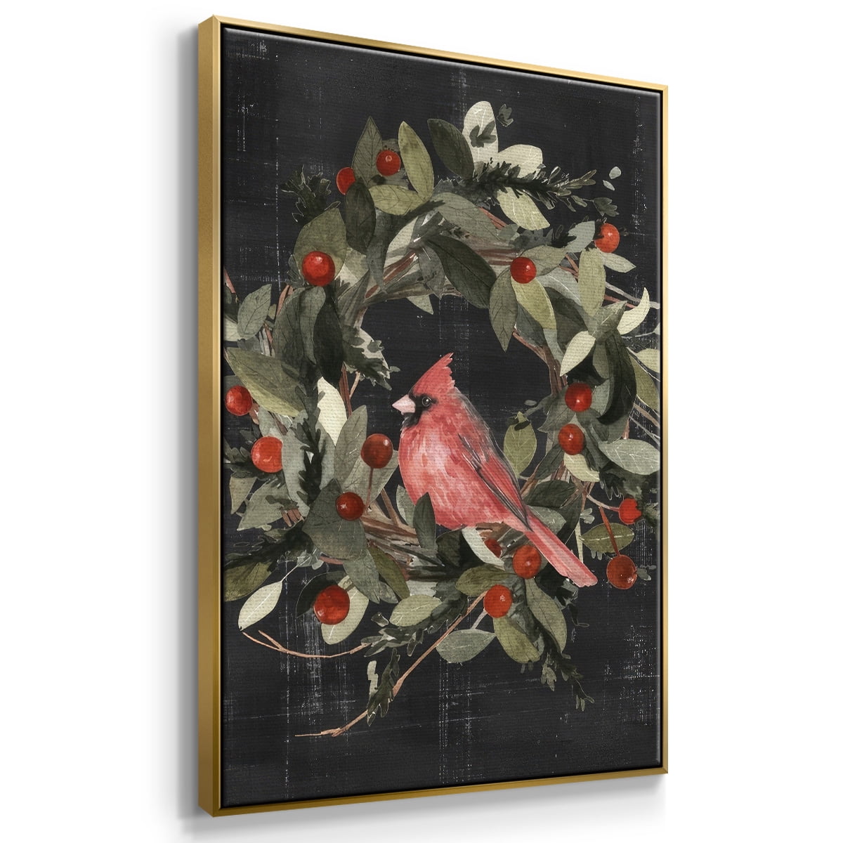 Christmas Cardinal I - Framed Gallery Wrapped Holiday Canvas - 27 x 41 - Gold Frame