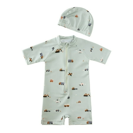 WOYY Little Boys Short Sleeve Zip-Up Rash Guard Quick Dry One-Piece Swimsuit with Hat