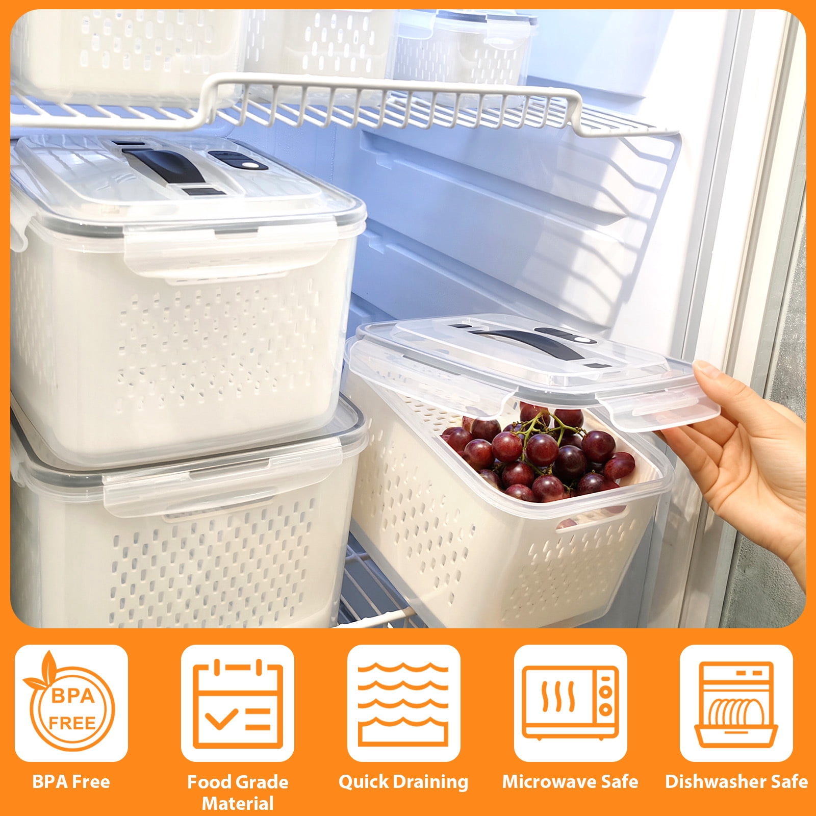 Fenbeli Fruit Vegetable Storage Containers for Fridge, 6 Pack Produce Saver with Lids and Removable Colander, BPA-Free Airtight Fresh Keeper with Adjustable Vent & Divider, Refrigerator Organizer Set