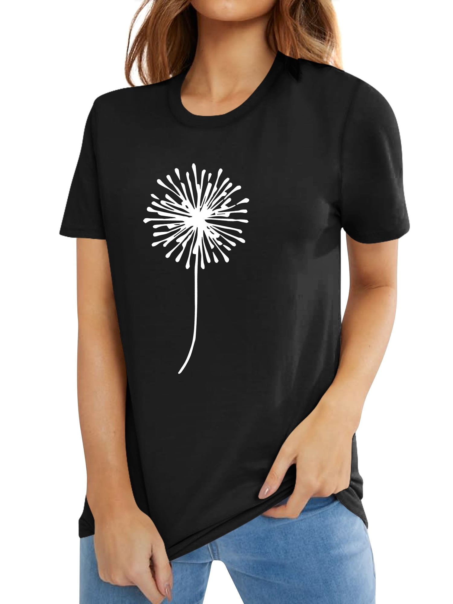 ZXZY - Women Dandelion Printed Crew Neck Short Sleeves Solid Color Top ...