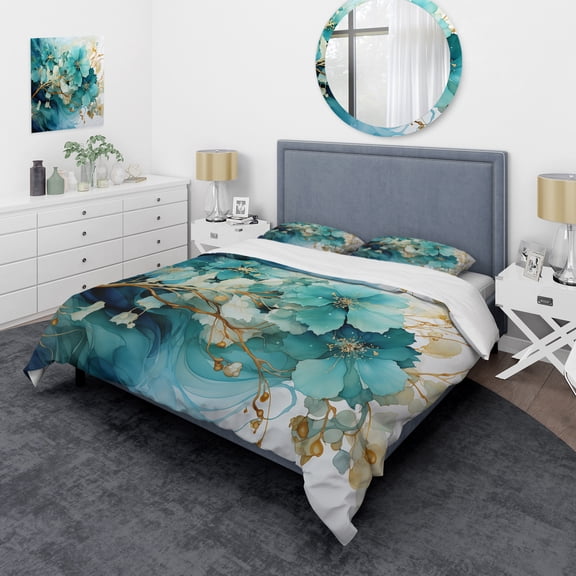 Designart "Teal Gold Fractal Mystic Mirage I" Modern Bedding Covert Set - Fractals Teal Abstract Bed Set With 2 Shams