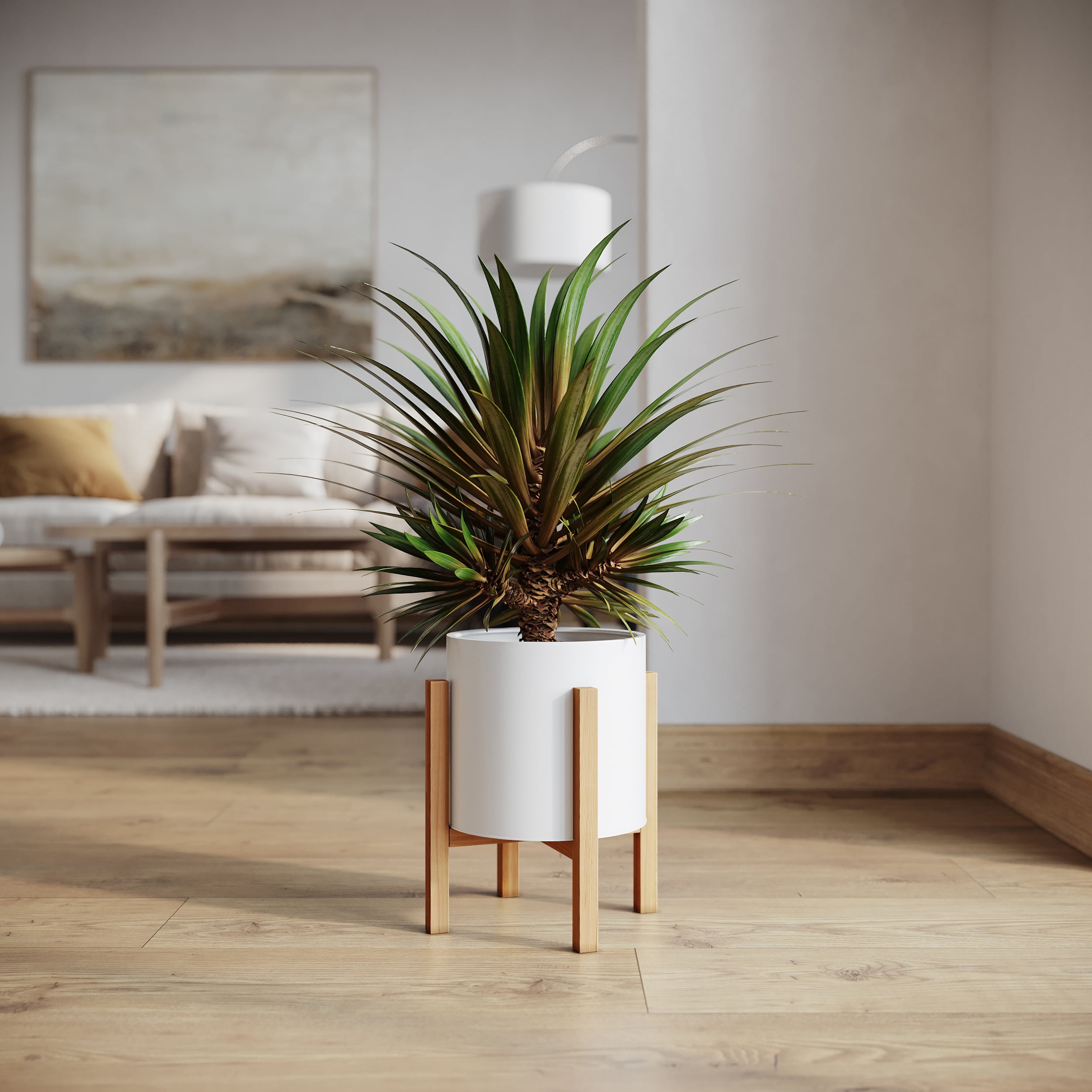 Raya White Mid-Century Modern Indoor Metal Pot Planter with 4-Leg Wood Base - 12" x 10"