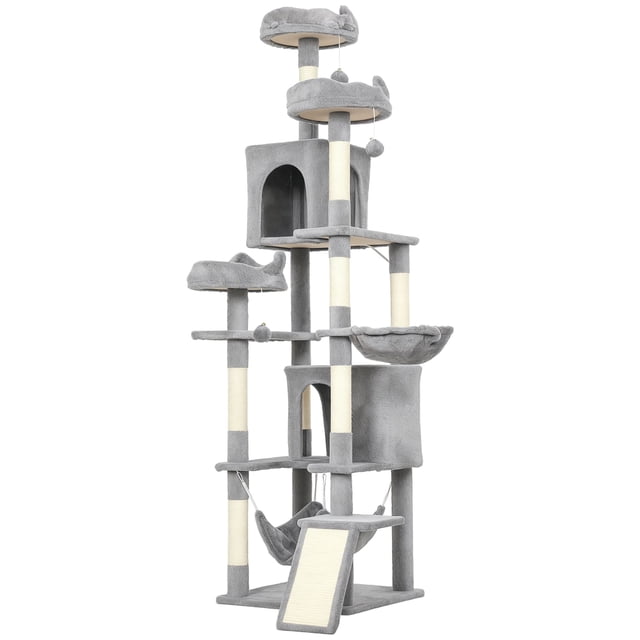 Large Light Grey Cat Tree - 76" Multi-Level Tower with Scratching Posts, Plush Beds & Condos for Indoor Cats - Living Room, Bedroom, Multi-Cat Home