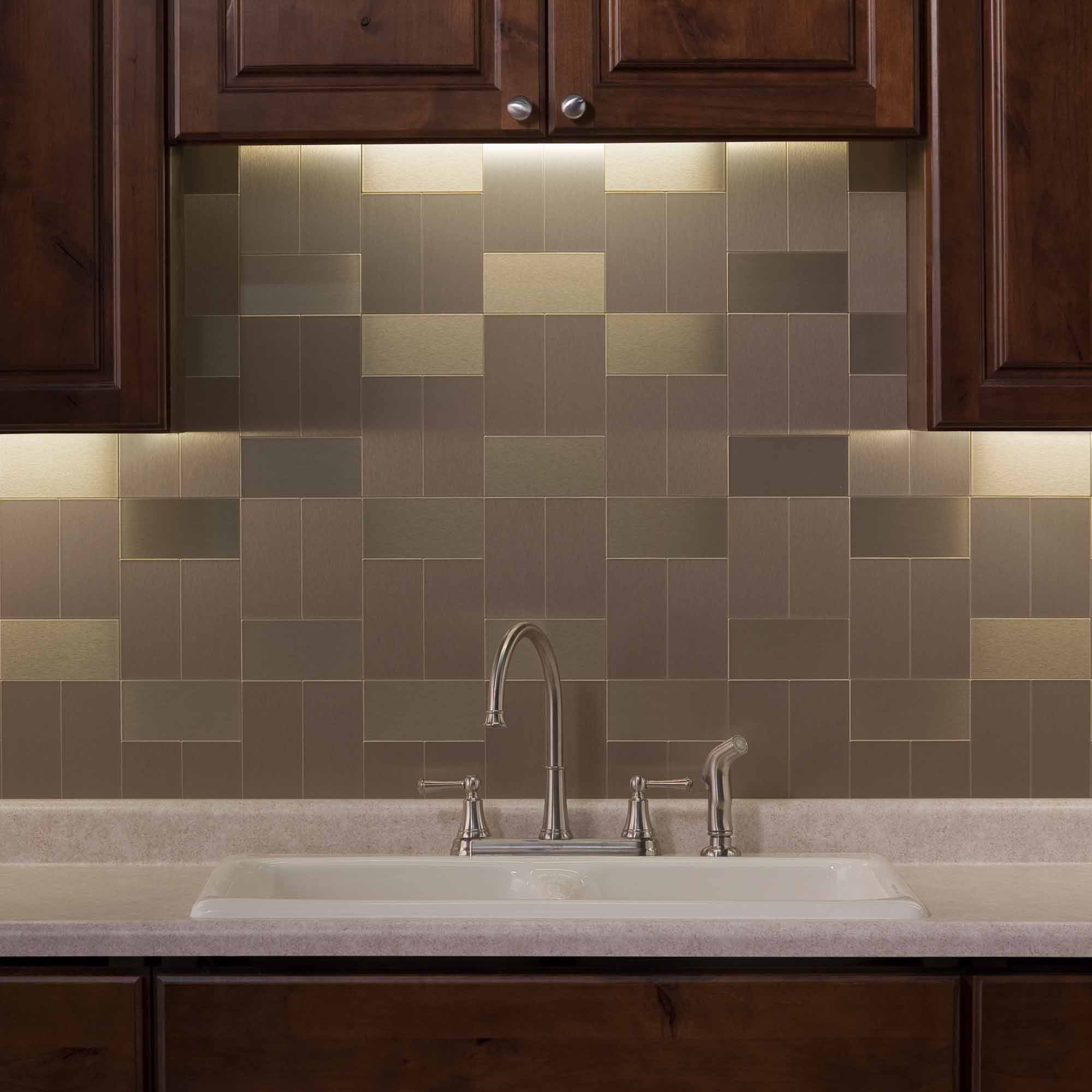Aspect Peel and Stick Backsplash 3in x 6in Brushed Stainless Long Grain Metal Tile 15 Sq Ft Kit for Kitchen and Bathrooms