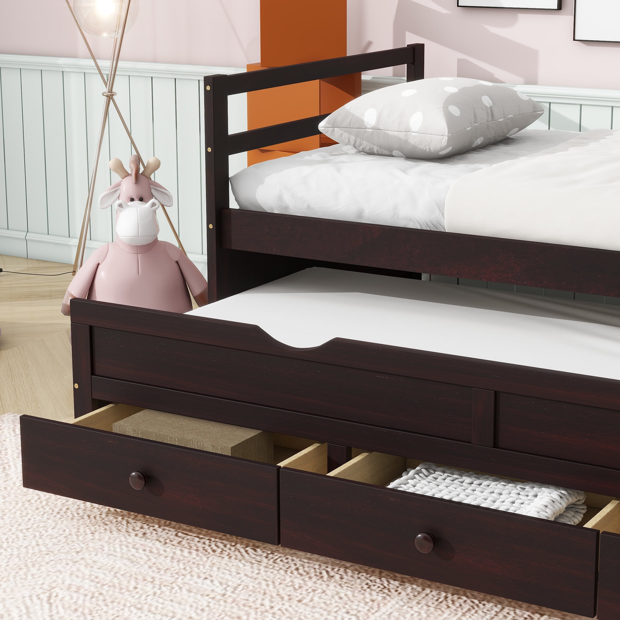Miniyam Wood Twin Size Bed with Trundle, Storage Drawers for Kids, Espresso